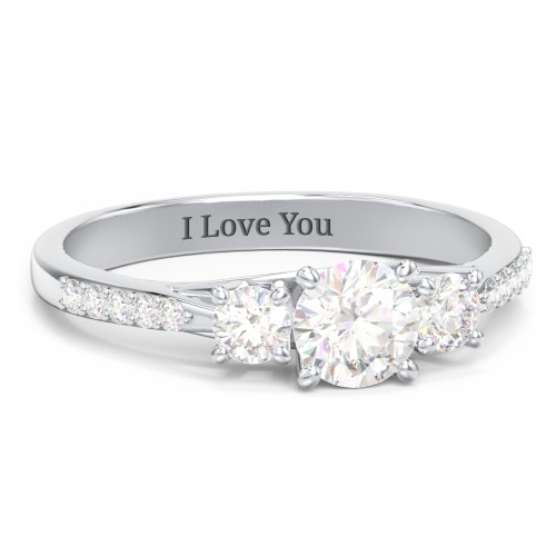 Three Stone Eternity Ring with Twin Accent Rows – Sterling Silver with Diamond