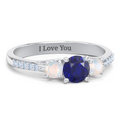 Three Stone Eternity Ring with Twin Accent Rows – 9kt Yellow Gold with Blue Sapphire, Opal, and Fancy Blue Premium Zirconia