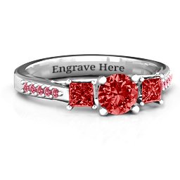 Three Stone Eternity Ring with Twin Accent Rows in 925 Sterling Silver with Garnet and Red Premium Zirconia