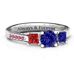 Three Stone Eternity Ring with Twin Accent Rows in 925 Sterling Silver with Blue Sapphire, Garnet, Red Premium Zirconia, and White Premium Zirconia