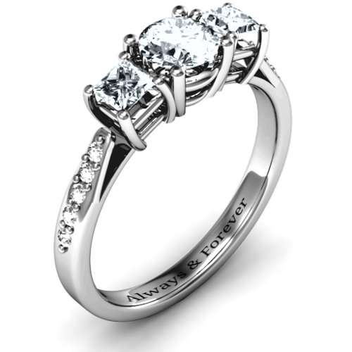 Three Stone Eternity Ring with Twin Accent Rows – Sterling Silver with Cubic Zirconia and White Premium Zirconia