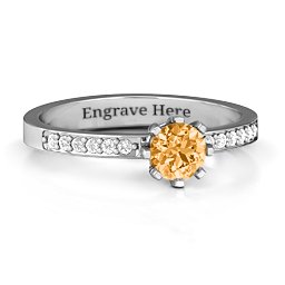 8 Prong Set Solitaire Ring with Shoulder Accents in 925 Sterling Silver with Citrine and White Premium Zirconia