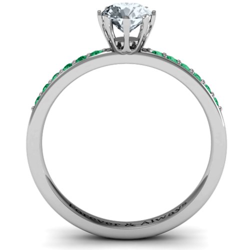 8 Prong Set Solitaire Ring with Shoulder Accents – Sterling Silver with Cubic Zirconia and Green Premium Zirconia