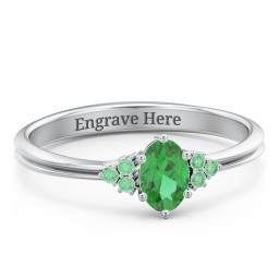 Solitaire Oval with Triple Accents Ring in 925 Sterling Silver with Emerald, Green Premium Zirconia, and Cubic Zirconia