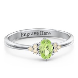 Solitaire Oval with Triple Accents Ring in 925 Sterling Silver with Peridot, Fancy Yellow Premium Zirconia, and Diamond