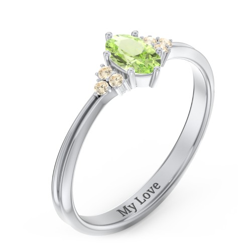 Solitaire Oval with Triple Accents Ring – Sterling Silver with Peridot and Fancy Yellow Premium Zirconia