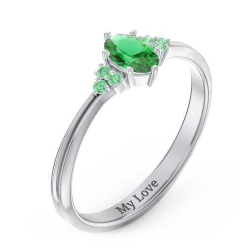 Solitaire Oval with Triple Accents Ring – Sterling Silver with Emerald and Green Premium Zirconia