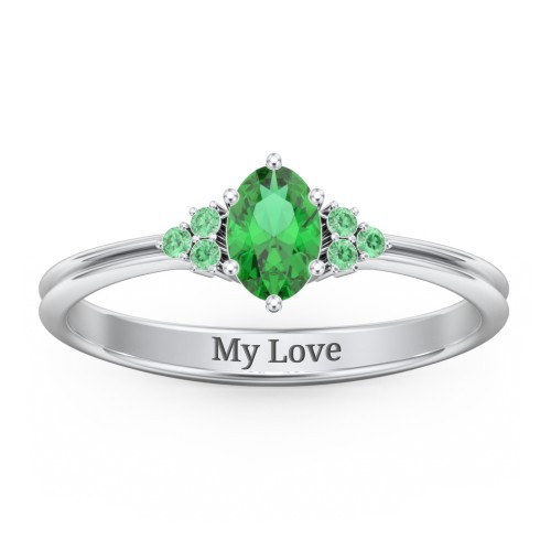 Solitaire Oval with Triple Accents Ring – Sterling Silver with Emerald and Green Premium Zirconia