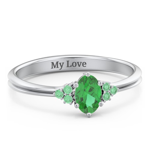 Solitaire Oval with Triple Accents Ring – Sterling Silver with Emerald and Green Premium Zirconia