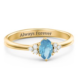 Solitaire Oval with Triple Accents Ring in 18K Gold Plated Silver with Blue Topaz and Diamond