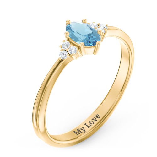 Solitaire Oval with Triple Accents Ring – 18K Gold Plated Silver with Blue Topaz and Diamond