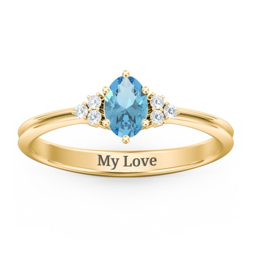 Solitaire Oval with Triple Accents Ring – 18K Gold Plated Silver with Blue Topaz and Diamond