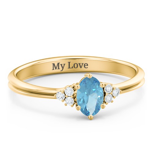 Solitaire Oval with Triple Accents Ring – 18K Gold Plated Silver with Blue Topaz and Diamond