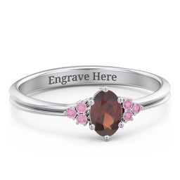 Solitaire Oval with Triple Accents Ring in 925 Sterling Silver with Garnet, Red Premium Zirconia, and Diamond