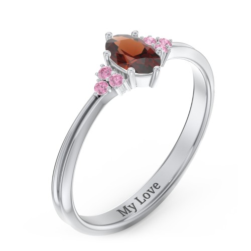 Solitaire Oval with Triple Accents Ring – Sterling Silver with Garnet and Red Premium Zirconia