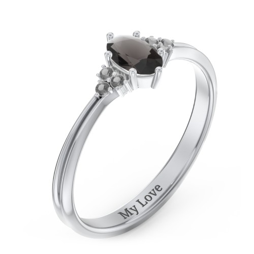 Solitaire Oval with Triple Accents Ring – Sterling Silver with Smokey Quartz and Black Premium Zirconia