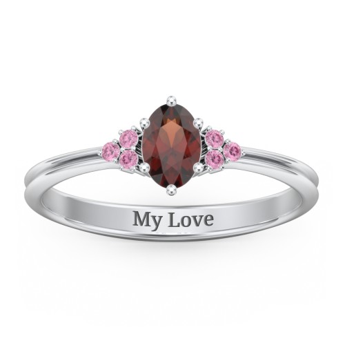 Solitaire Oval with Triple Accents Ring – Sterling Silver with Garnet and Red Premium Zirconia