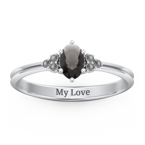 Solitaire Oval with Triple Accents Ring – Sterling Silver with Smokey Quartz and Black Premium Zirconia