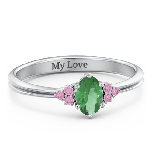 Solitaire Oval with Triple Accents Ring – Sterling Silver with Emerald and Red Premium Zirconia