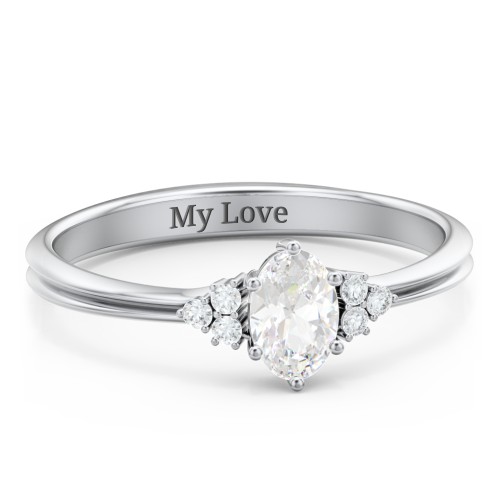 Solitaire Oval with Triple Accents Ring – Sterling Silver with White Sapphire and White Premium Zirconia