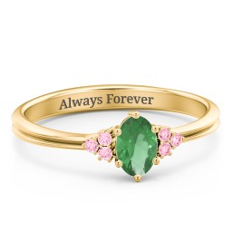 Solitaire Oval with Triple Accents Ring in 9K Solid Yellow Gold with Emerald, Fancy Pink Premium Zirconia, and Cubic Zirconia