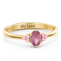 Solitaire Oval with Triple Accents Ring in 9K Solid Yellow Gold with Pink Tourmaline, Fancy Pink Premium Zirconia, and Cubic Zirconia