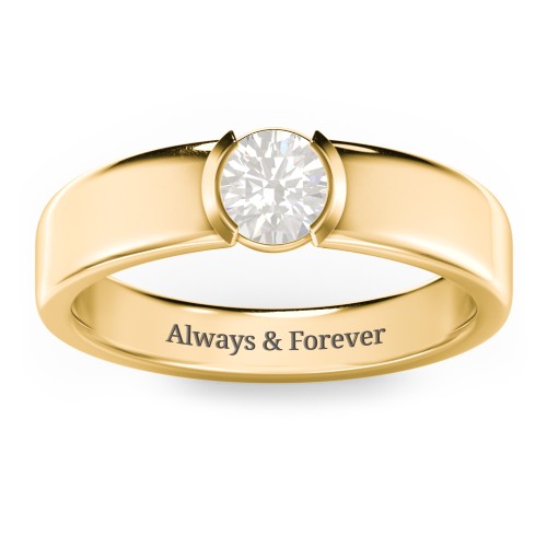 Half Bezel Set Round Stone Ring with Wide Band