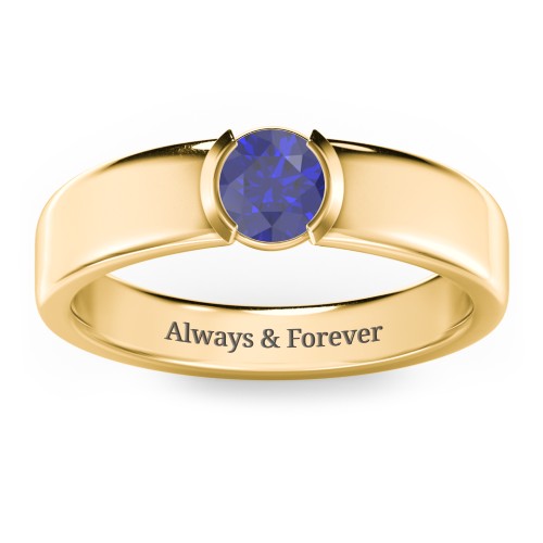 Half Bezel Set Round Stone Ring with Wide Band – 9kt Yellow Gold with Blue Sapphire