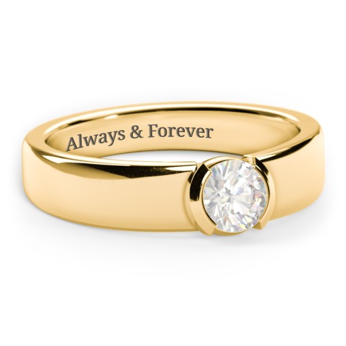 Half Bezel Set Round Stone Ring with Wide Band