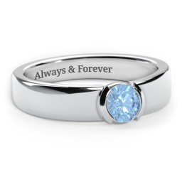 Half Bezel Set Round Stone Ring with Wide Band in 925 Sterling Silver with Blue Topaz