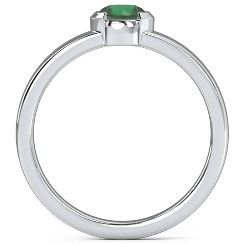 Half Bezel Set Round Stone Ring with Wide Band – Sterling Silver with Emerald