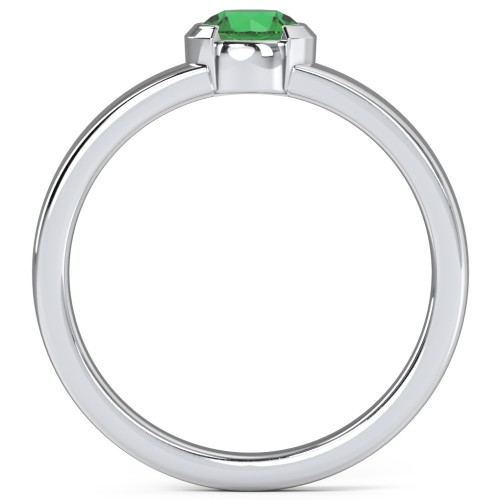 Half Bezel Set Round Stone Ring with Wide Band – Sterling Silver with Emerald