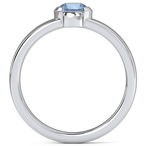 Half Bezel Set Round Stone Ring with Wide Band – Sterling Silver with Blue Topaz