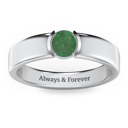 Half Bezel Set Round Stone Ring with Wide Band – Sterling Silver with Emerald
