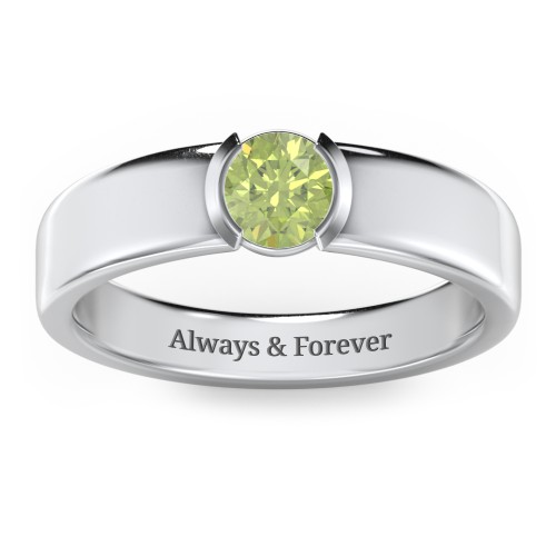 Half Bezel Set Round Stone Ring with Wide Band – Sterling Silver with Peridot