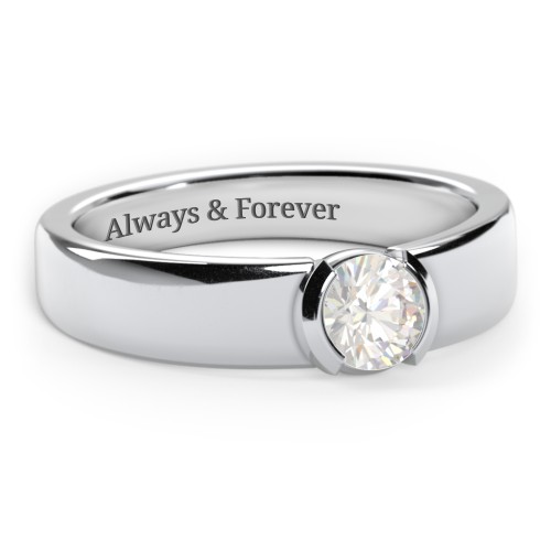 Half Bezel Set Round Stone Ring with Wide Band – Sterling Silver with Cubic Zirconia
