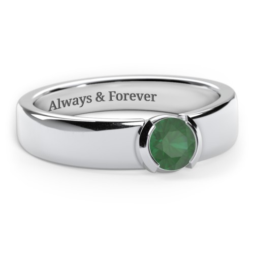 Half Bezel Set Round Stone Ring with Wide Band – Sterling Silver with Emerald