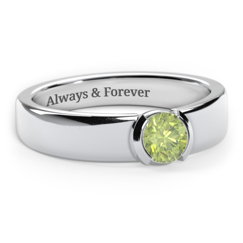 Half Bezel Set Round Stone Ring with Wide Band – Sterling Silver with Peridot
