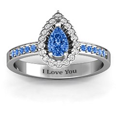 Pear Shaped Halo Ring – Sterling Silver with Blue Sapphire, White Premium Zirconia, and Fancy Blue Premium Zirconia