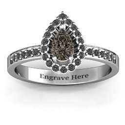 Pear Shaped Halo Ring in 925 Sterling Silver with Smokey Quartz and Black Premium Zirconia