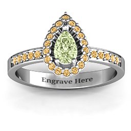 Pear Shaped Halo Ring in 925 Sterling Silver with Peridot and Fancy Yellow Premium Zirconia
