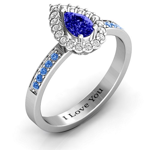 Pear Shaped Halo Ring – Sterling Silver with Blue Sapphire, White Premium Zirconia, and Fancy Blue Premium Zirconia