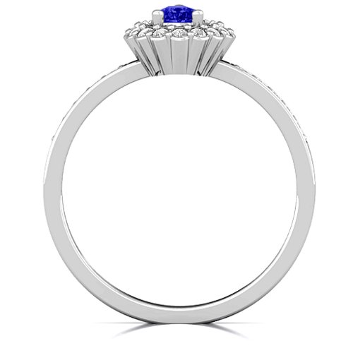 Pear Shaped Halo Ring – Sterling Silver with Blue Sapphire, White Premium Zirconia, and Fancy Blue Premium Zirconia