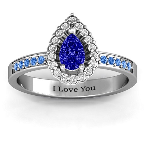 Pear Shaped Halo Ring – Sterling Silver with Blue Sapphire, White Premium Zirconia, and Fancy Blue Premium Zirconia