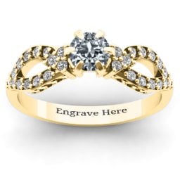 Fancy Split Shank Solitaire Accent Ring in 9K Solid Yellow Gold with Cubic Zirconia and White Premium Zirconia