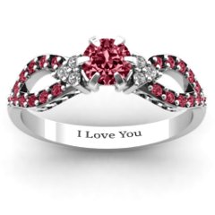 Fancy Split Shank Solitaire Accent Ring – Sterling Silver with Ruby, White Premium Zirconia, and Red Premium Zirconia