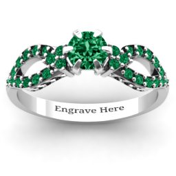 Fancy Split Shank Solitaire Accent Ring in 925 Sterling Silver with Emerald and Green Premium Zirconia