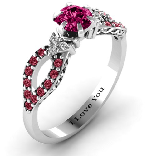Fancy Split Shank Solitaire Accent Ring – Sterling Silver with Ruby, White Premium Zirconia, and Red Premium Zirconia