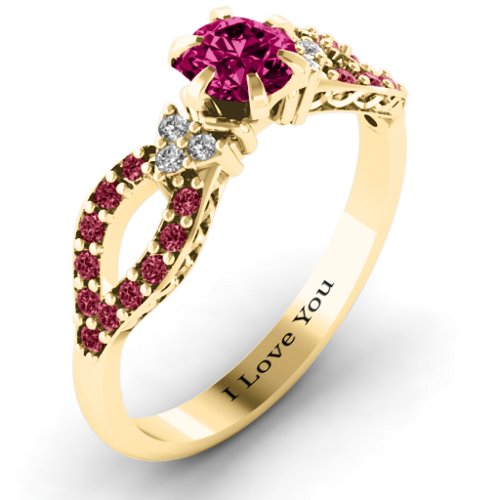 Fancy Split Shank Solitaire Accent Ring – 9kt Yellow Gold with Ruby, White Premium Zirconia, and Red Premium Zirconia