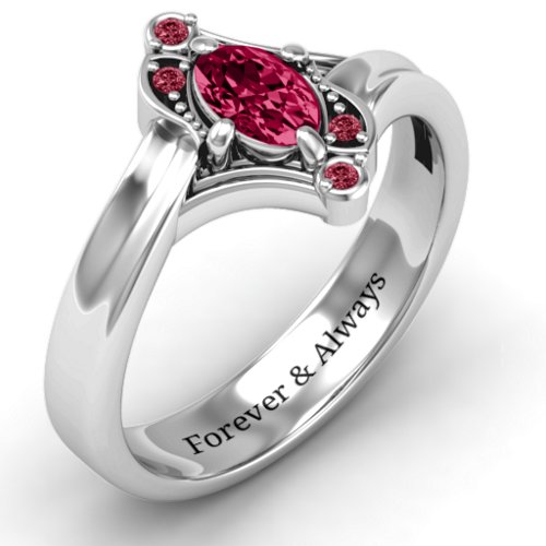Fancy Oval Asymmetrical Ring – Sterling Silver with Ruby and Red Premium Zirconia